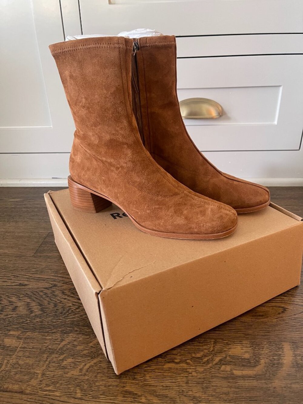 Reformation Louie Chestnut Brown Stretch Suede Sock Booties - Size 9 (EUC)